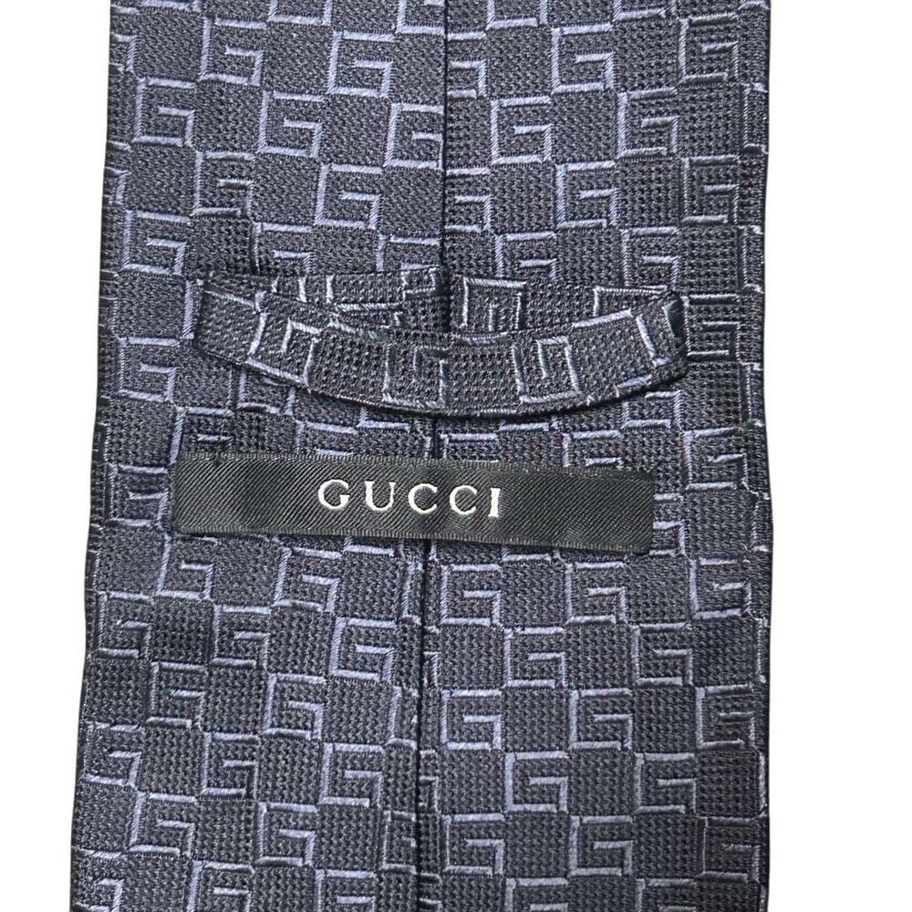 Vintage Gucci Mens Navy Blue 100% Silk Designer Pointed Neck Tie G Pattern - Picture 9 of 12